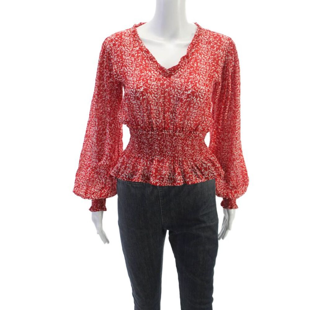 Designer Womens V-Neck Floral Viscose Long Sleeve Blouse Size XS